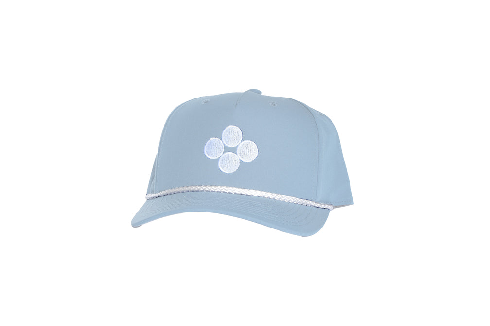 Light blue cap with a white logo on a white background